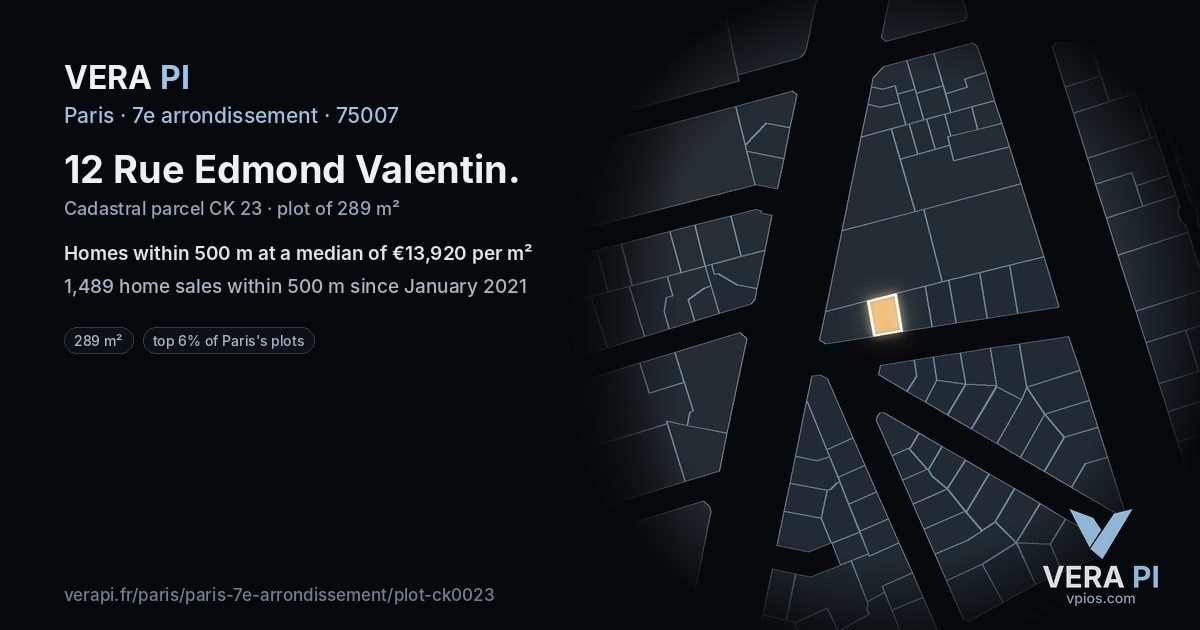 12 Rue Edmond Valentin, 7e arrondissement at night – the plot lit, the parcels around coloured by the prices near them