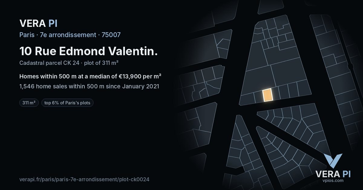 10 Rue Edmond Valentin, 7e arrondissement at night – the plot lit, the parcels around coloured by the prices near them