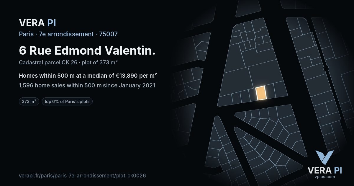 6 Rue Edmond Valentin, 7e arrondissement at night – the plot lit, the parcels around coloured by the prices near them