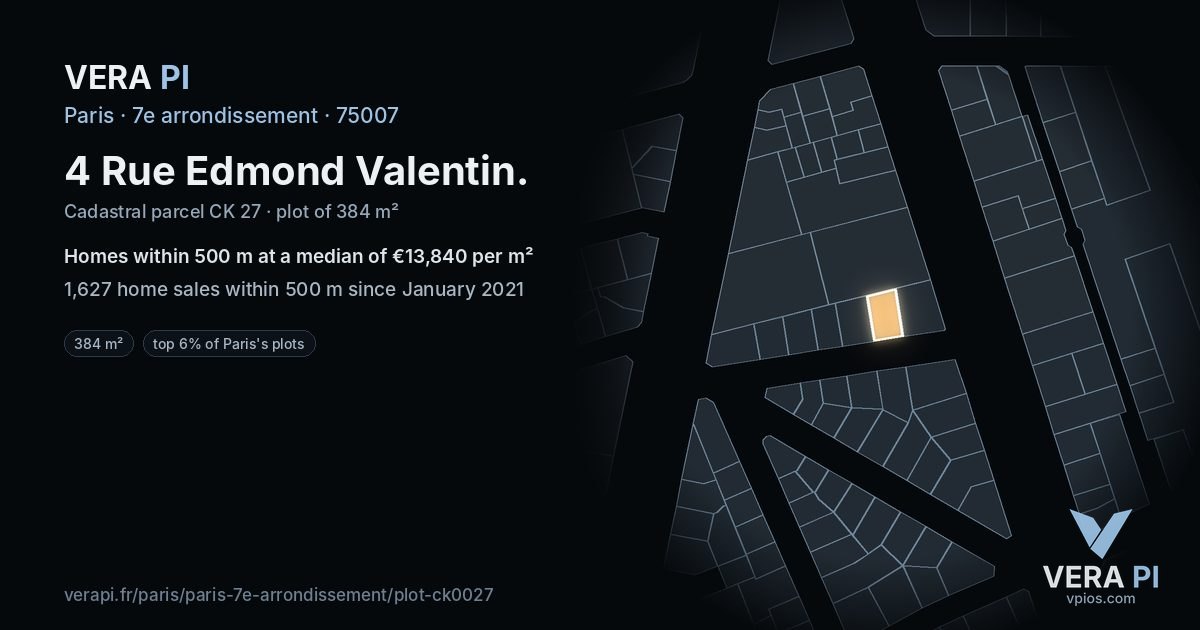 4 Rue Edmond Valentin, 7e arrondissement at night – the plot lit, the parcels around coloured by the prices near them