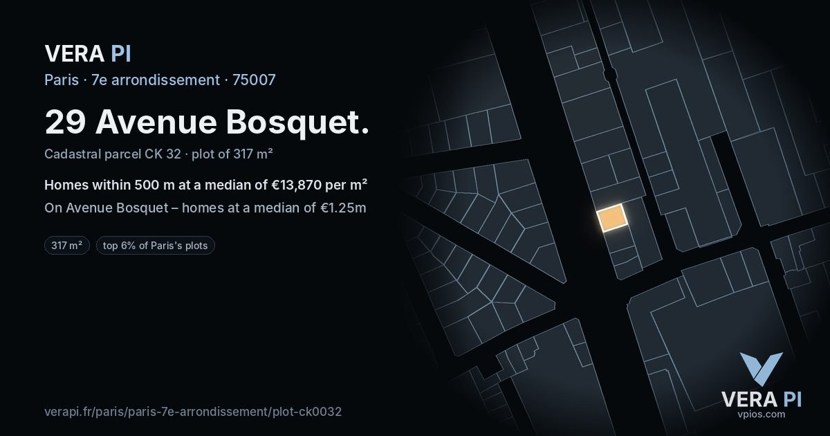 29 Avenue Bosquet, 7e arrondissement at night – the plot lit, the parcels around coloured by the prices near them