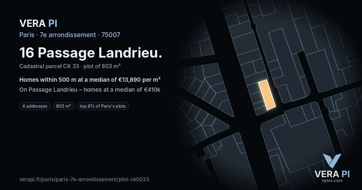 16 Passage Landrieu, 7e arrondissement at night – the plot lit, the parcels around coloured by the prices near them