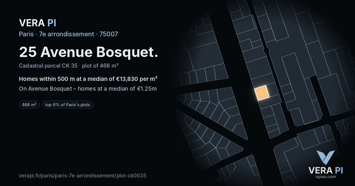 25 Avenue Bosquet, 7e arrondissement at night – the plot lit, the parcels around coloured by the prices near them