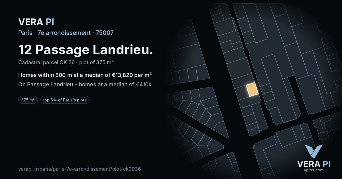 12 Passage Landrieu, 7e arrondissement at night – the plot lit, the parcels around coloured by the prices near them