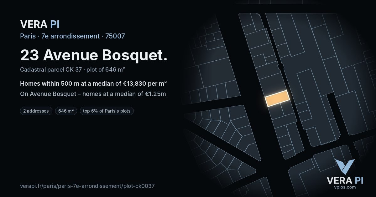 23 Avenue Bosquet, 7e arrondissement at night – the plot lit, the parcels around coloured by the prices near them