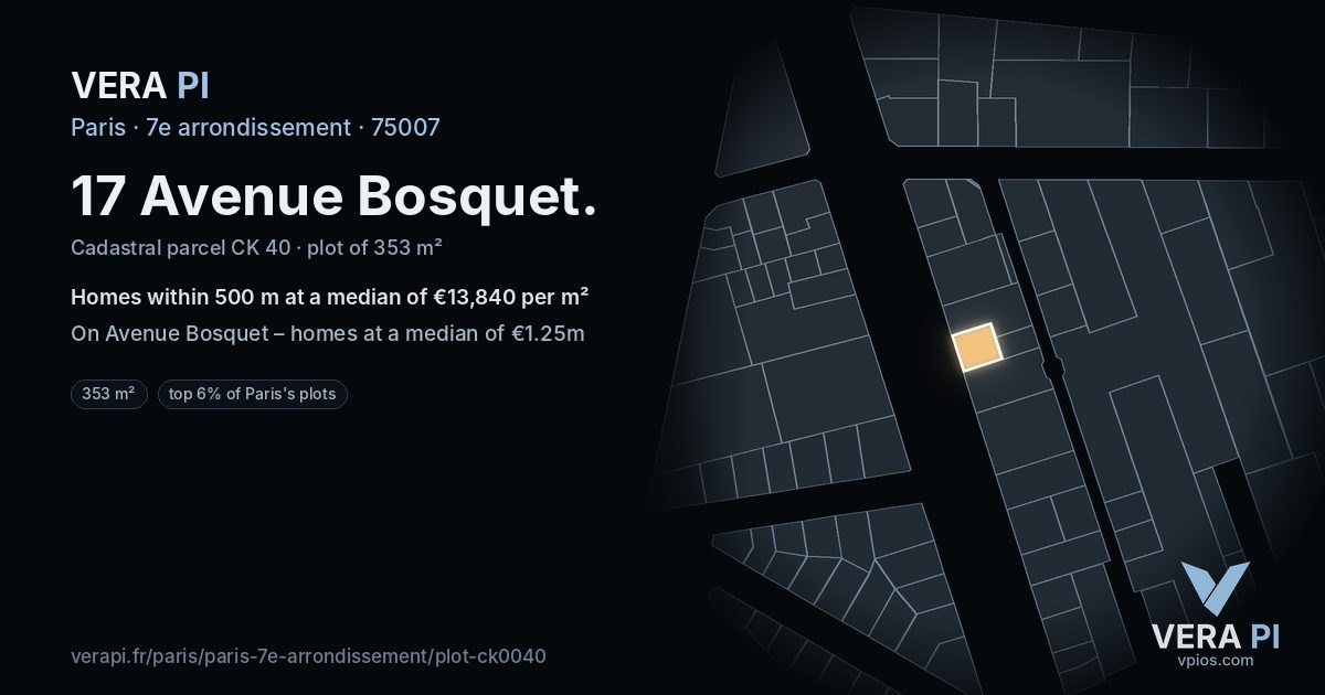 17 Avenue Bosquet, 7e arrondissement at night – the plot lit, the parcels around coloured by the prices near them