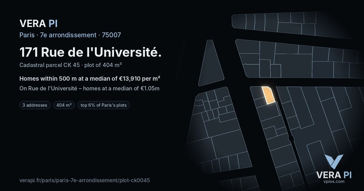 171 Rue de l'Université, 7e arrondissement at night – the plot lit, the parcels around coloured by the prices near them