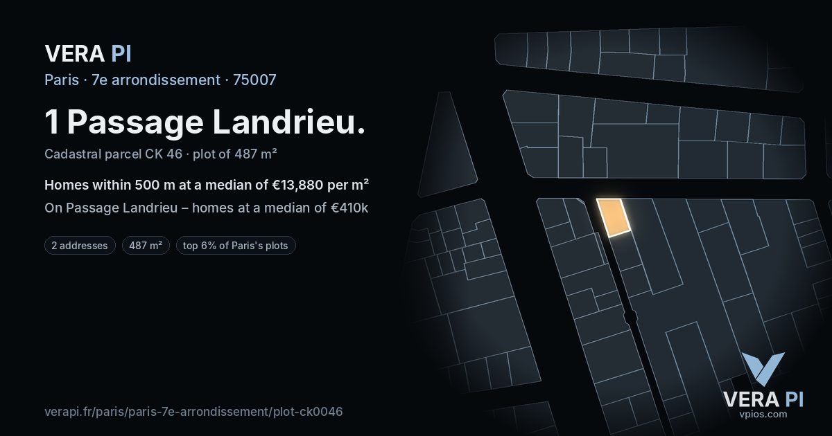 1 Passage Landrieu, 7e arrondissement at night – the plot lit, the parcels around coloured by the prices near them