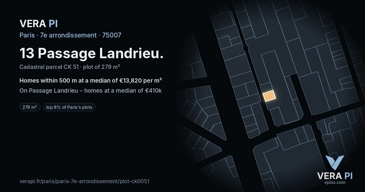 13 Passage Landrieu, 7e arrondissement at night – the plot lit, the parcels around coloured by the prices near them