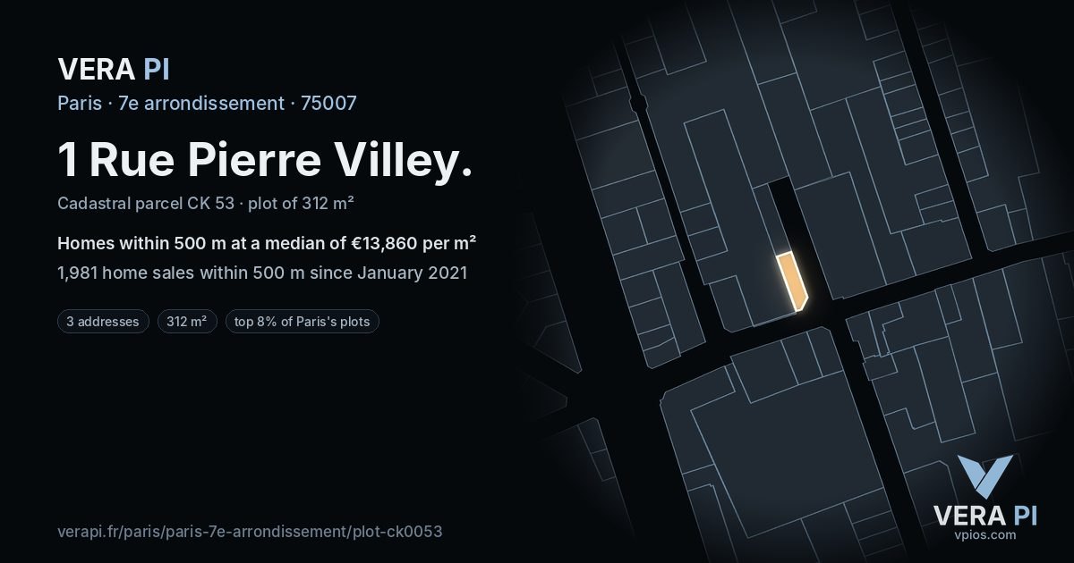 1 Rue Pierre Villey, 7e arrondissement at night – the plot lit, the parcels around coloured by the prices near them