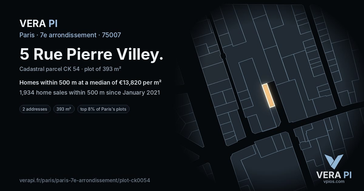 5 Rue Pierre Villey, 7e arrondissement at night – the plot lit, the parcels around coloured by the prices near them