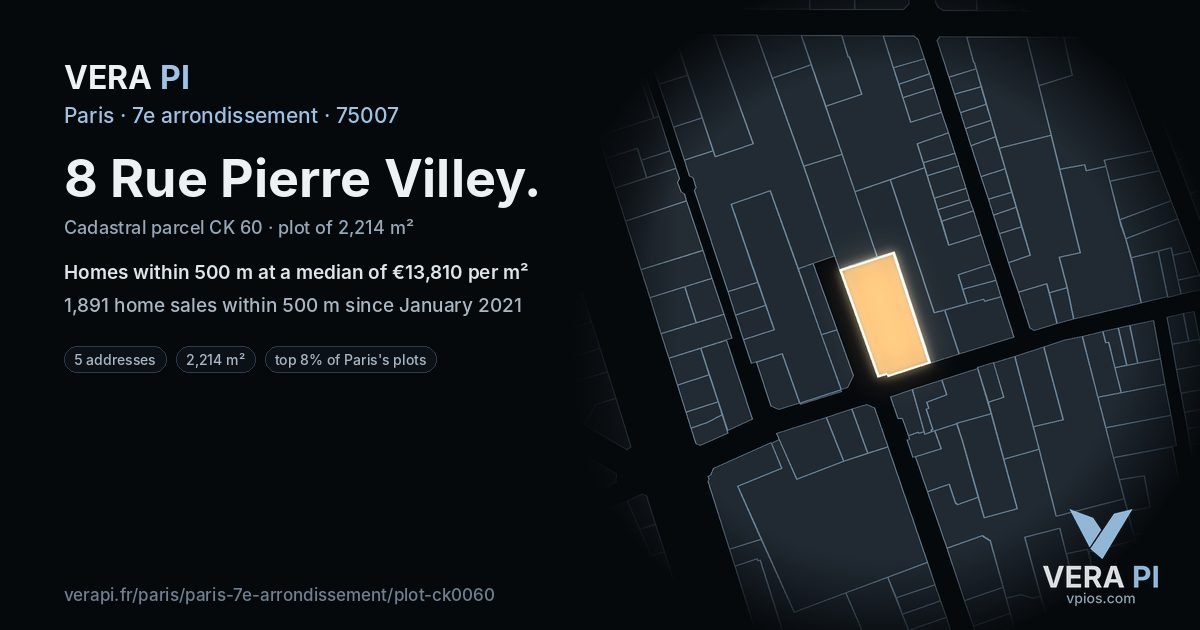 8 Rue Pierre Villey, 7e arrondissement at night – the plot lit, the parcels around coloured by the prices near them