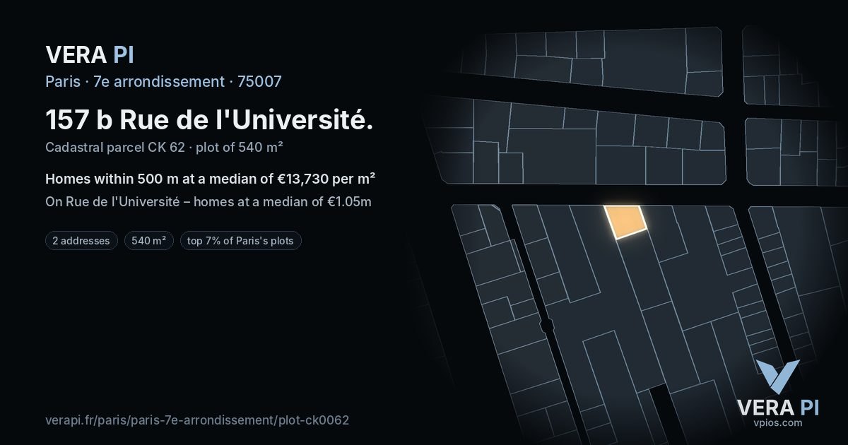 157 b Rue de l'Université, 7e arrondissement at night – the plot lit, the parcels around coloured by the prices near them