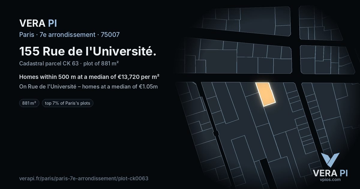 155 Rue de l'Université, 7e arrondissement at night – the plot lit, the parcels around coloured by the prices near them