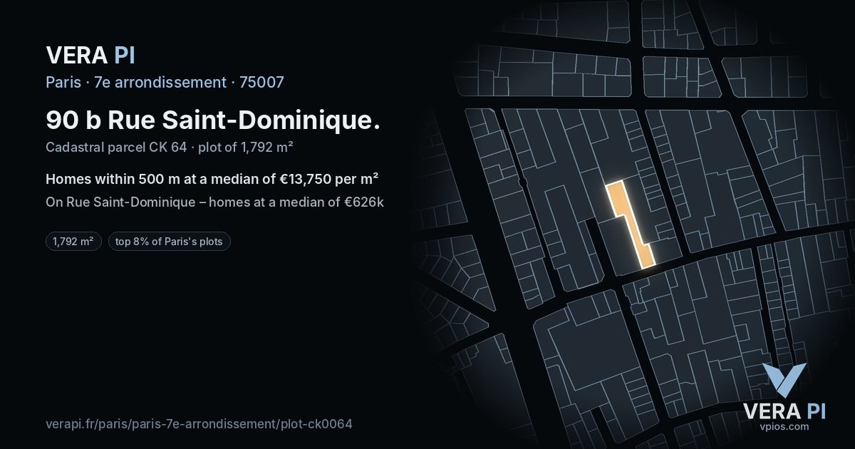 90 b Rue Saint-Dominique, 7e arrondissement at night – the plot lit, the parcels around coloured by the prices near them