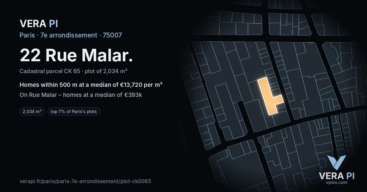 22 Rue Malar, 7e arrondissement at night – the plot lit, the parcels around coloured by the prices near them