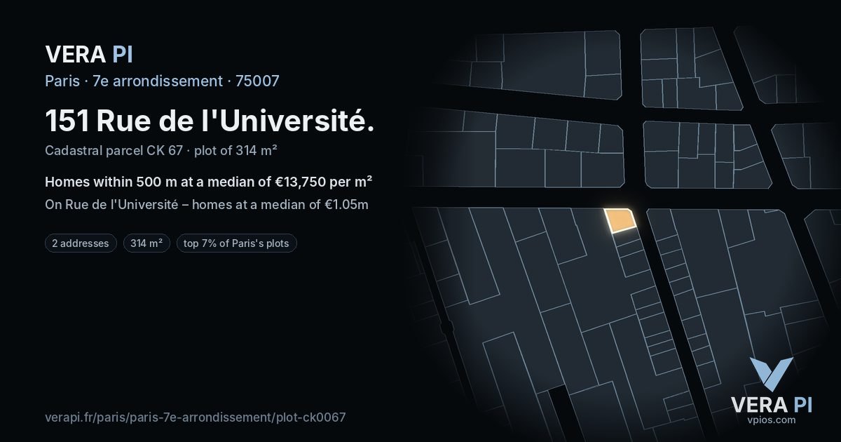 151 Rue de l'Université, 7e arrondissement at night – the plot lit, the parcels around coloured by the prices near them