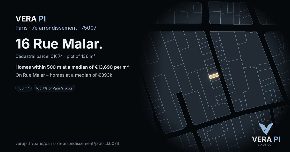 16 Rue Malar, 7e arrondissement at night – the plot lit, the parcels around coloured by the prices near them