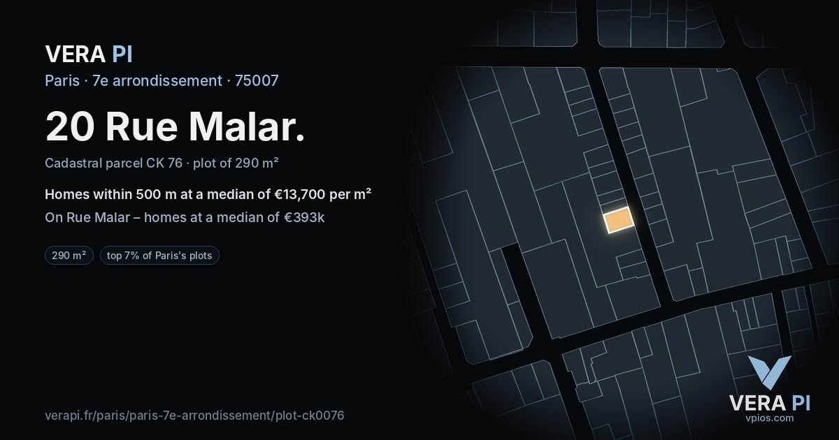 20 Rue Malar, 7e arrondissement at night – the plot lit, the parcels around coloured by the prices near them