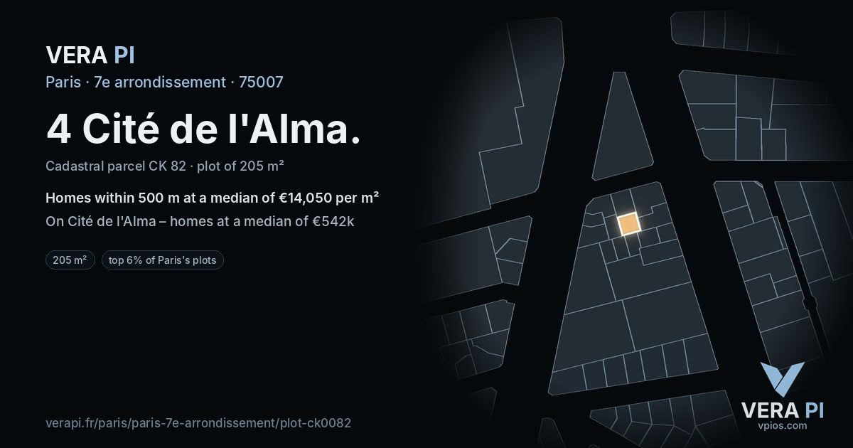 4 Cité de l'Alma, 7e arrondissement at night – the plot lit, the parcels around coloured by the prices near them