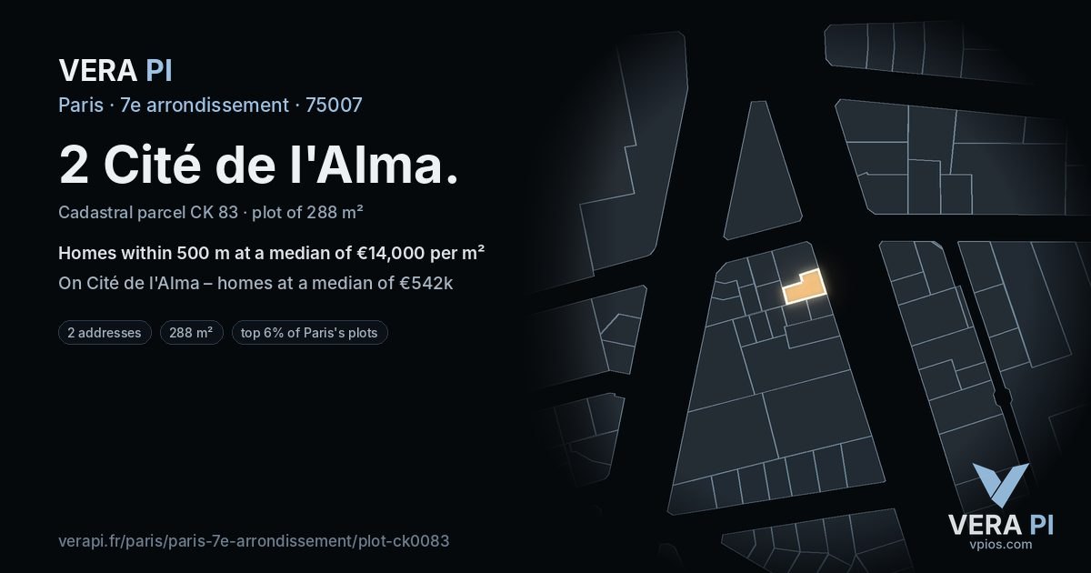 2 Cité de l'Alma, 7e arrondissement at night – the plot lit, the parcels around coloured by the prices near them