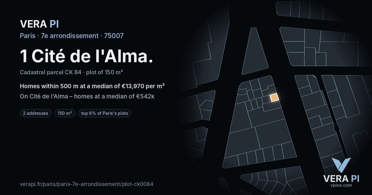 1 Cité de l'Alma, 7e arrondissement at night – the plot lit, the parcels around coloured by the prices near them
