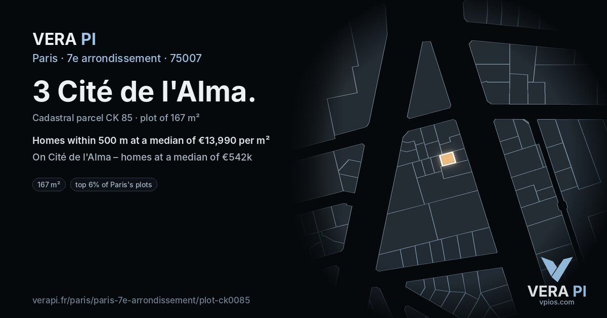 3 Cité de l'Alma, 7e arrondissement at night – the plot lit, the parcels around coloured by the prices near them