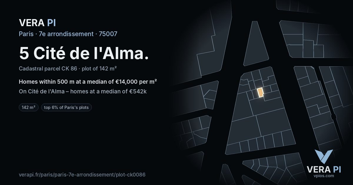 5 Cité de l'Alma, 7e arrondissement at night – the plot lit, the parcels around coloured by the prices near them