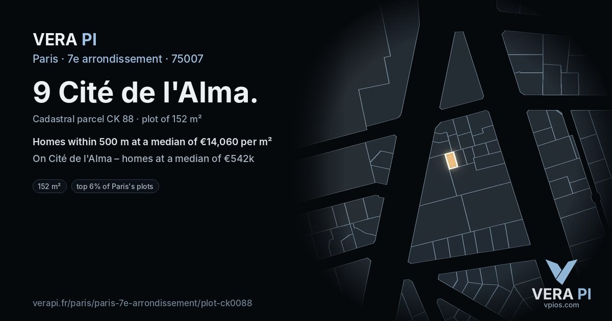 9 Cité de l'Alma, 7e arrondissement at night – the plot lit, the parcels around coloured by the prices near them