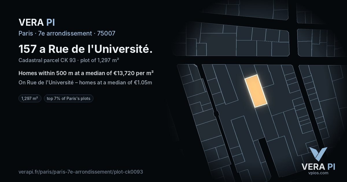157 a Rue de l'Université, 7e arrondissement at night – the plot lit, the parcels around coloured by the prices near them