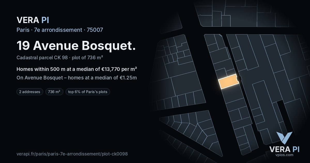 19 Avenue Bosquet, 7e arrondissement at night – the plot lit, the parcels around coloured by the prices near them