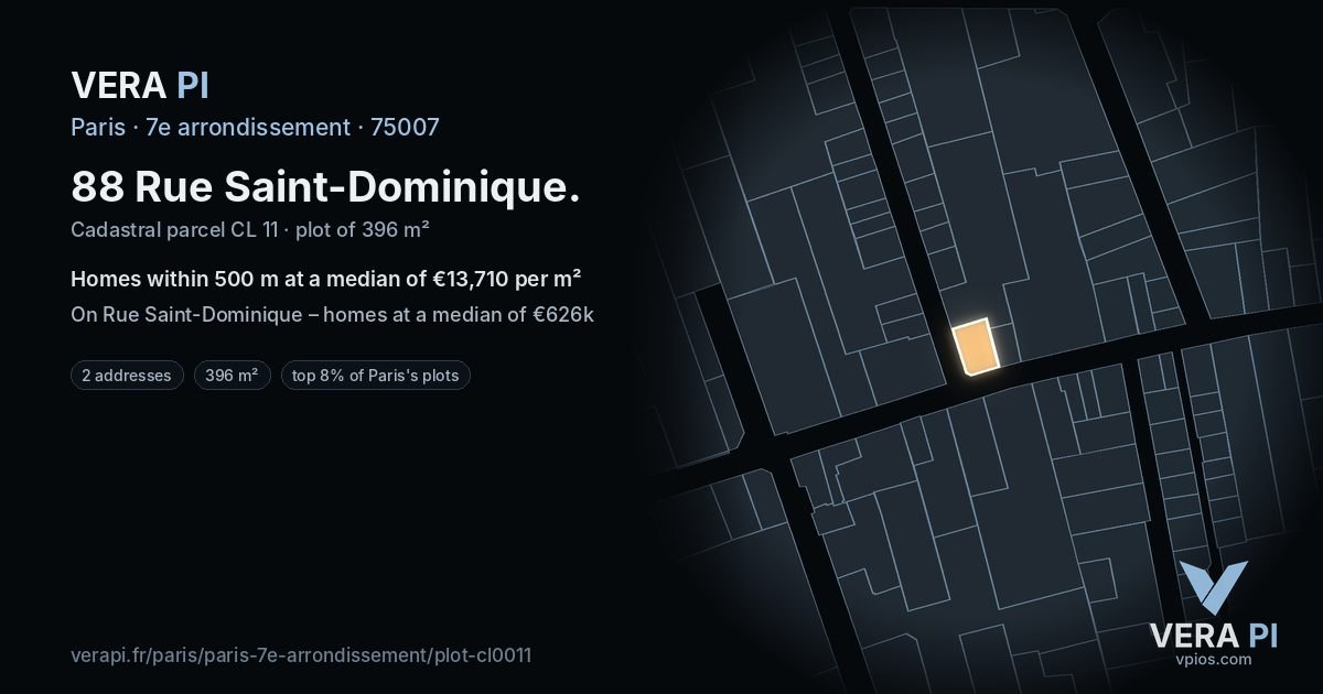 88 Rue Saint-Dominique, 7e arrondissement at night – the plot lit, the parcels around coloured by the prices near them