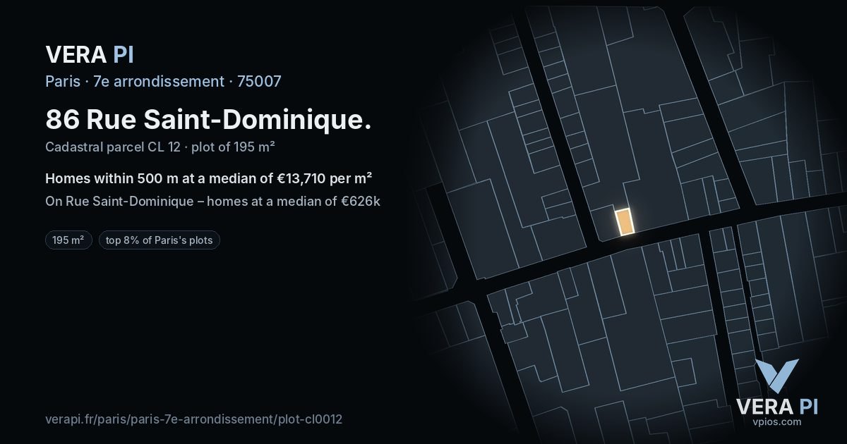 86 Rue Saint-Dominique, 7e arrondissement at night – the plot lit, the parcels around coloured by the prices near them