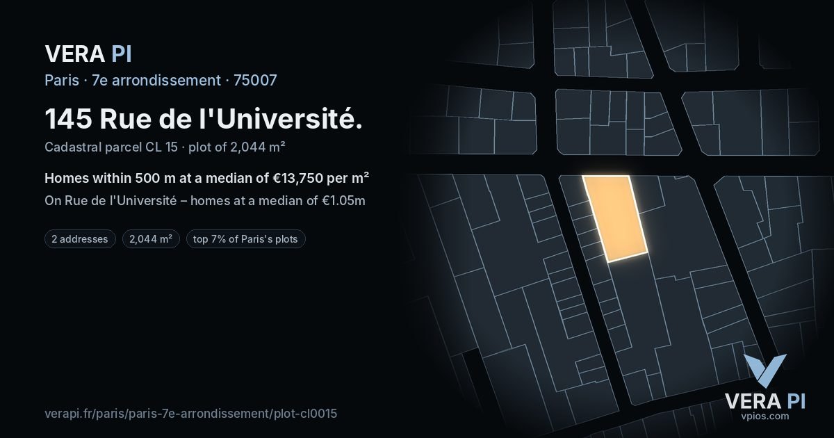 145 Rue de l'Université, 7e arrondissement at night – the plot lit, the parcels around coloured by the prices near them