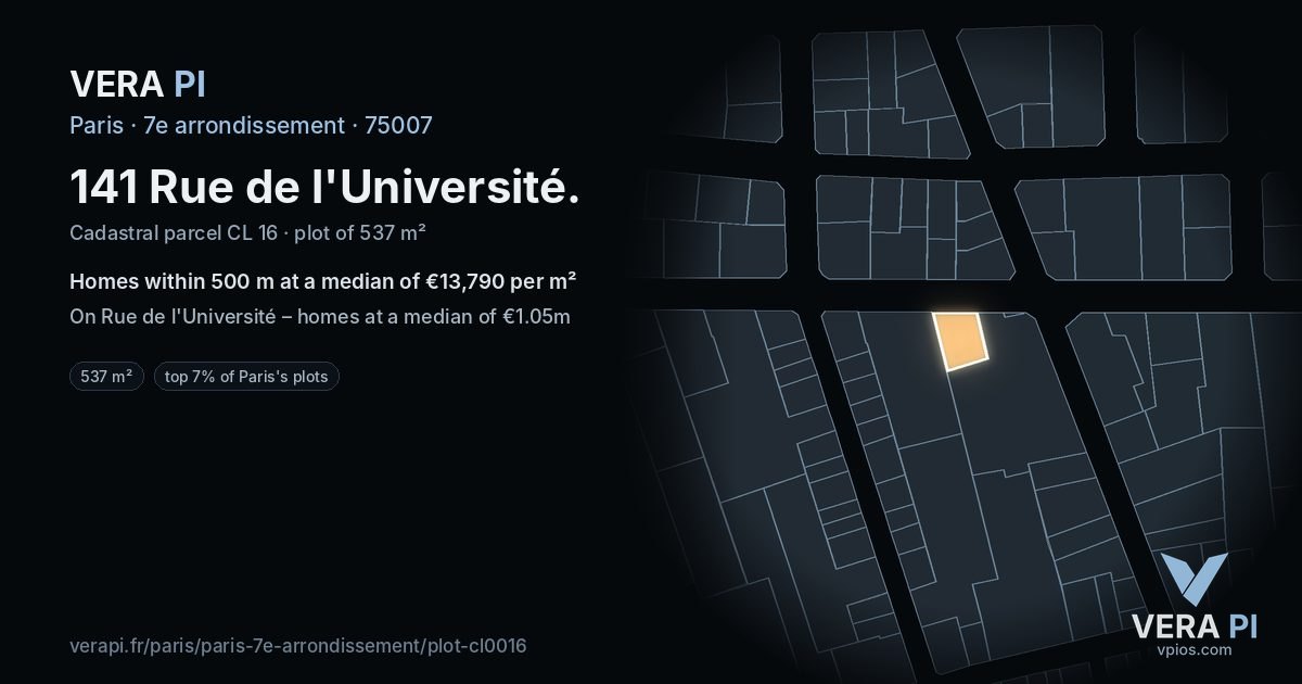 141 Rue de l'Université, 7e arrondissement at night – the plot lit, the parcels around coloured by the prices near them