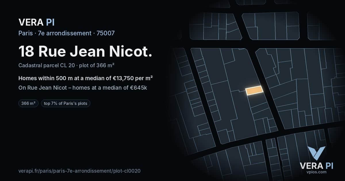 18 Rue Jean Nicot, 7e arrondissement at night – the plot lit, the parcels around coloured by the prices near them