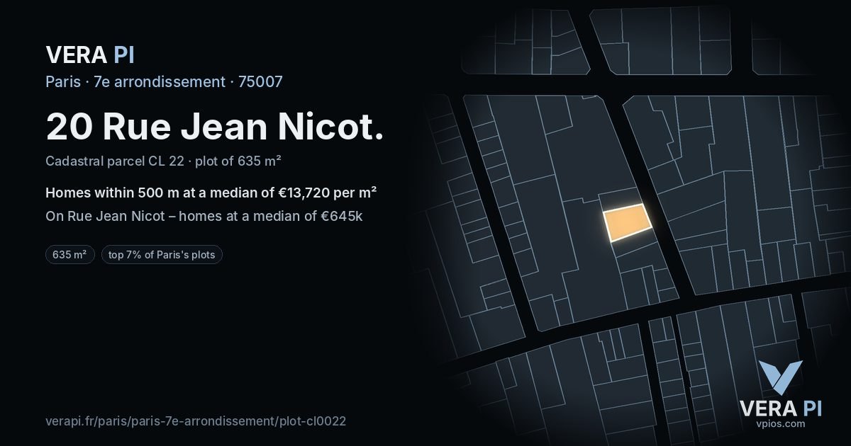 20 Rue Jean Nicot, 7e arrondissement at night – the plot lit, the parcels around coloured by the prices near them
