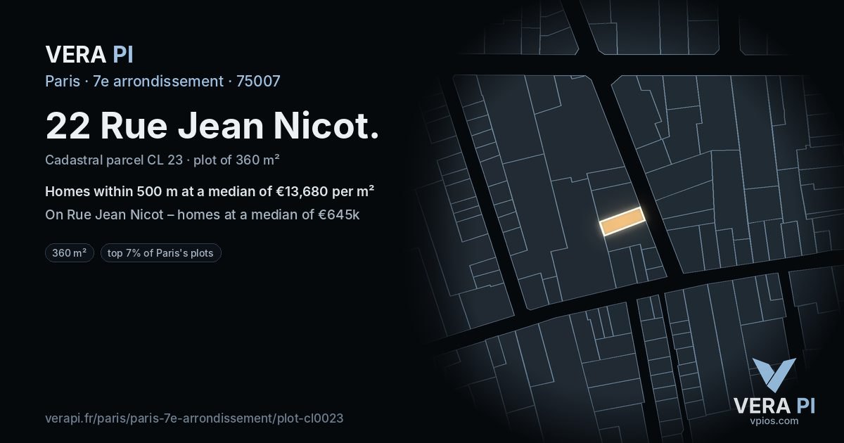 22 Rue Jean Nicot, 7e arrondissement at night – the plot lit, the parcels around coloured by the prices near them