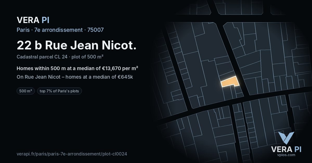 22 b Rue Jean Nicot, 7e arrondissement at night – the plot lit, the parcels around coloured by the prices near them