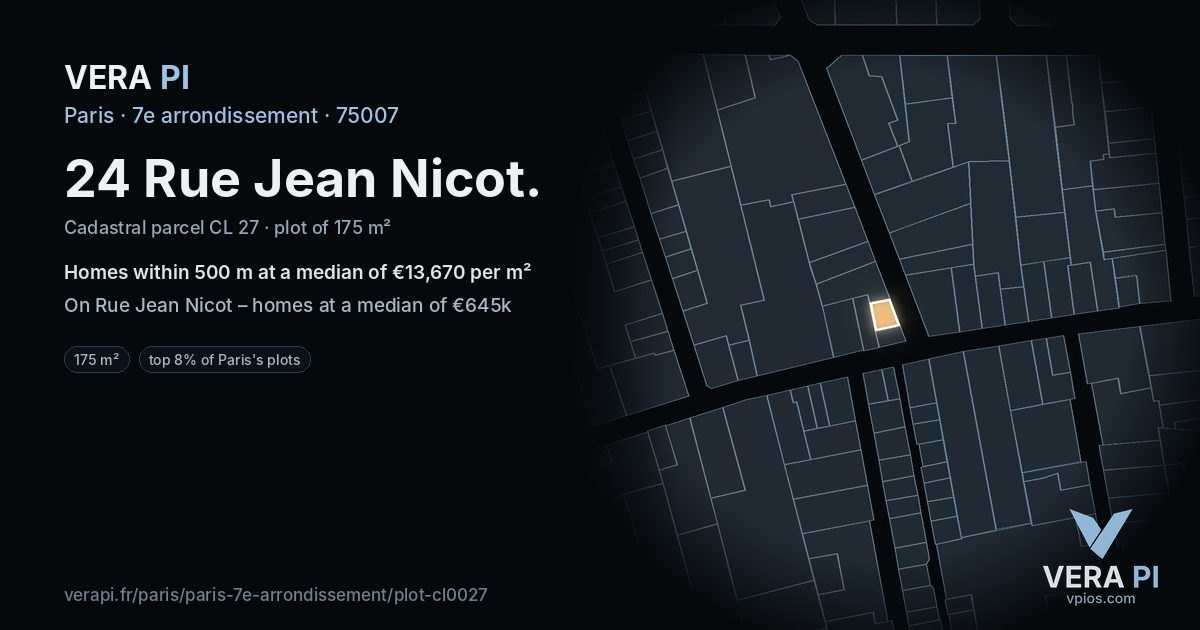 24 Rue Jean Nicot, 7e arrondissement at night – the plot lit, the parcels around coloured by the prices near them