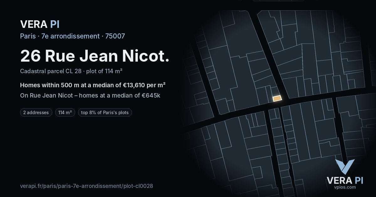 26 Rue Jean Nicot, 7e arrondissement at night – the plot lit, the parcels around coloured by the prices near them