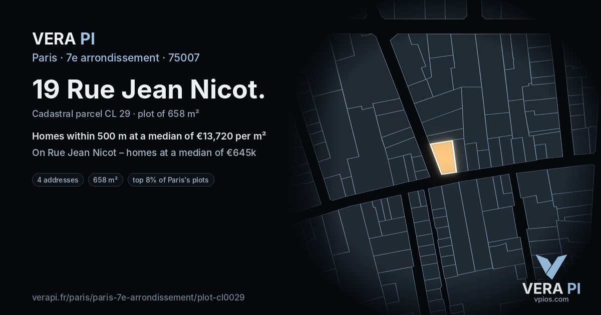 19 Rue Jean Nicot, 7e arrondissement at night – the plot lit, the parcels around coloured by the prices near them