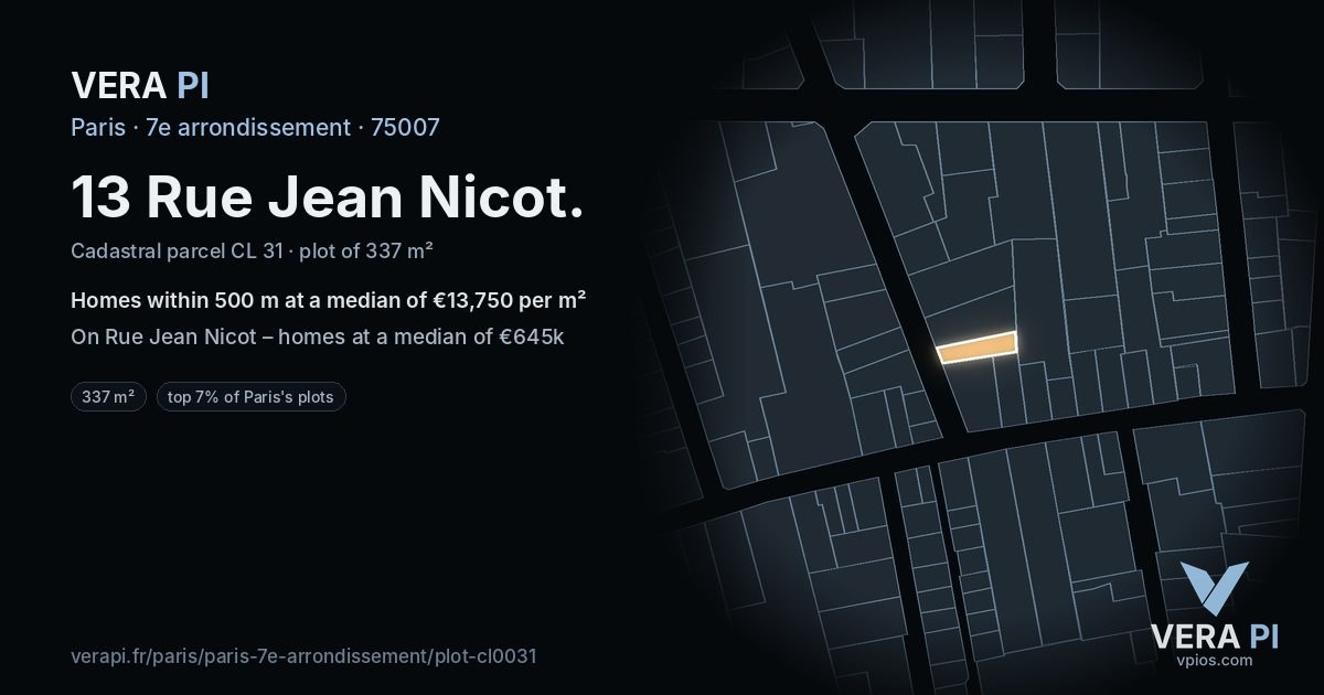 13 Rue Jean Nicot, 7e arrondissement at night – the plot lit, the parcels around coloured by the prices near them