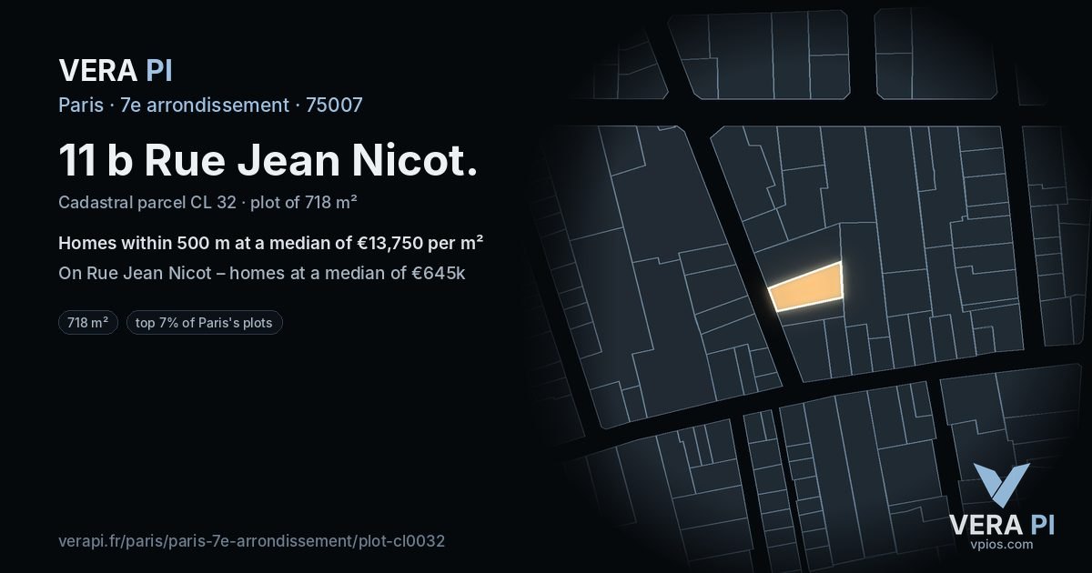 11 b Rue Jean Nicot, 7e arrondissement at night – the plot lit, the parcels around coloured by the prices near them