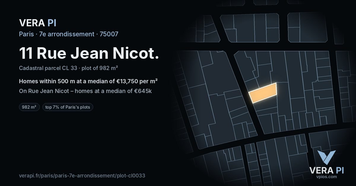 11 Rue Jean Nicot, 7e arrondissement at night – the plot lit, the parcels around coloured by the prices near them