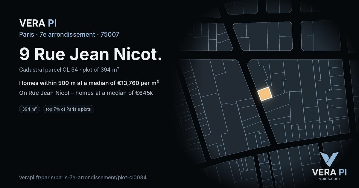 9 Rue Jean Nicot, 7e arrondissement at night – the plot lit, the parcels around coloured by the prices near them