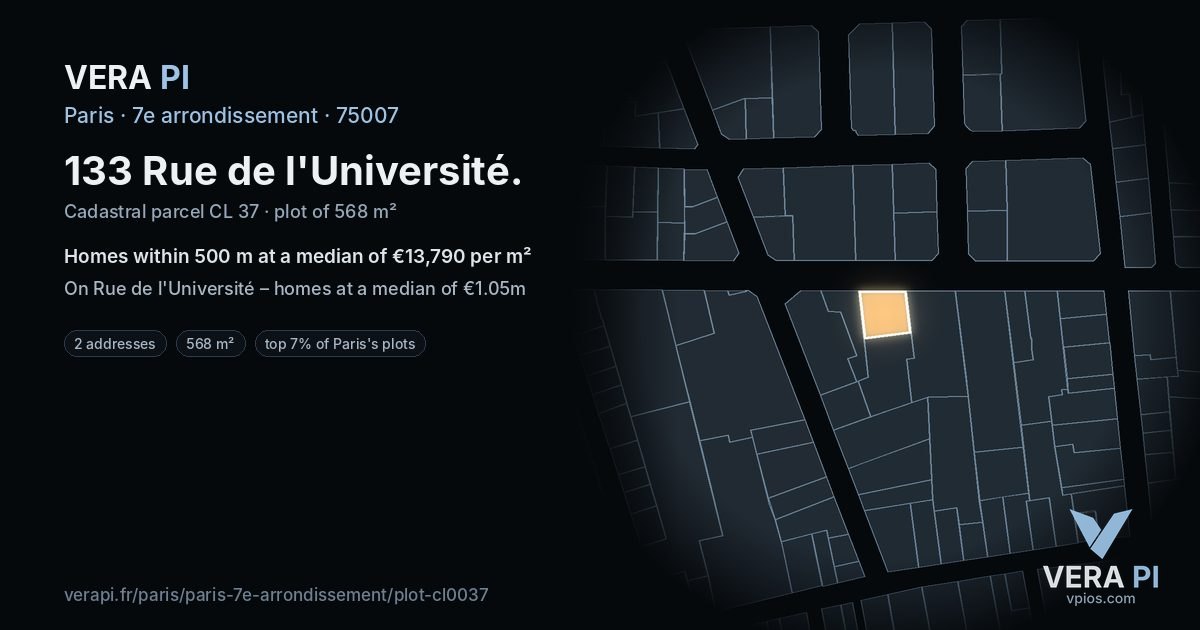 133 Rue de l'Université, 7e arrondissement at night – the plot lit, the parcels around coloured by the prices near them