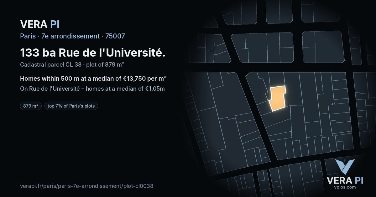133 ba Rue de l'Université, 7e arrondissement at night – the plot lit, the parcels around coloured by the prices near them