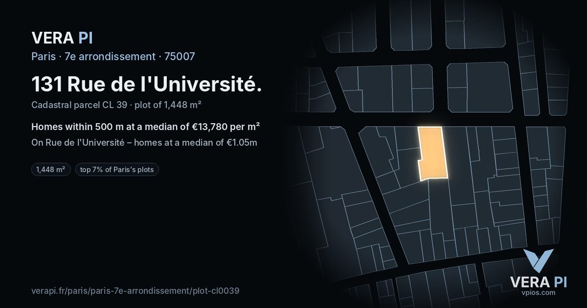 131 Rue de l'Université, 7e arrondissement at night – the plot lit, the parcels around coloured by the prices near them