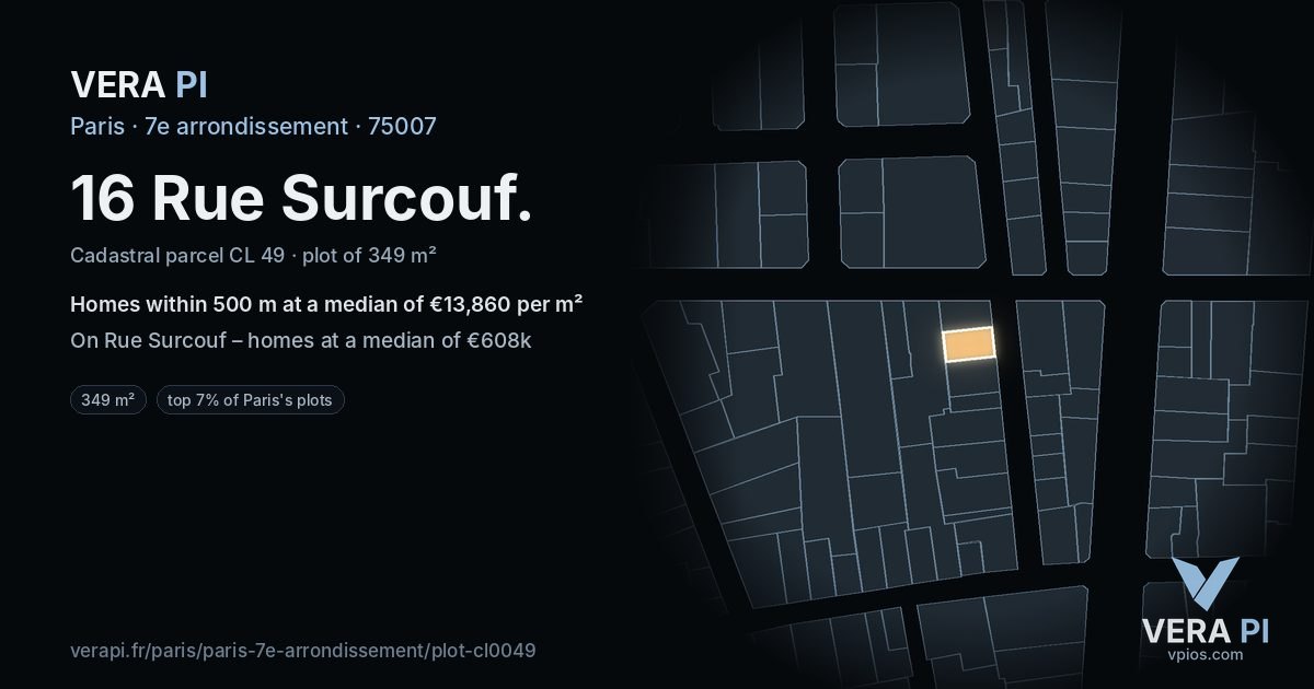 16 Rue Surcouf, 7e arrondissement at night – the plot lit, the parcels around coloured by the prices near them